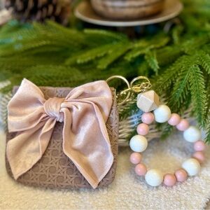 Pink and Cream Beaded Keychain wristlet and Coin purse with Bow